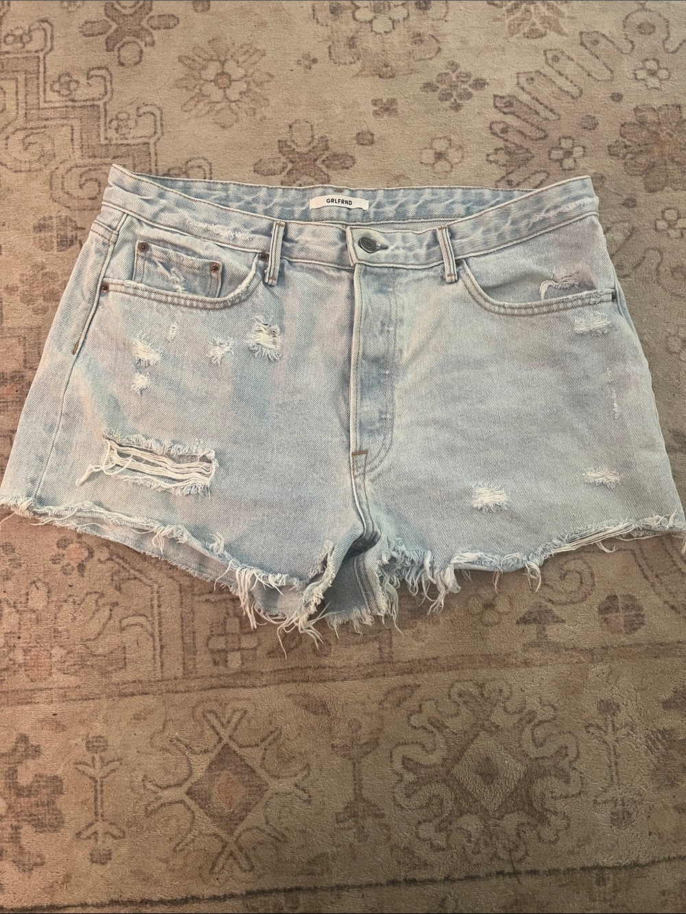 GRLFRND Pale Blue Distressed Denim Cutoff Shorts